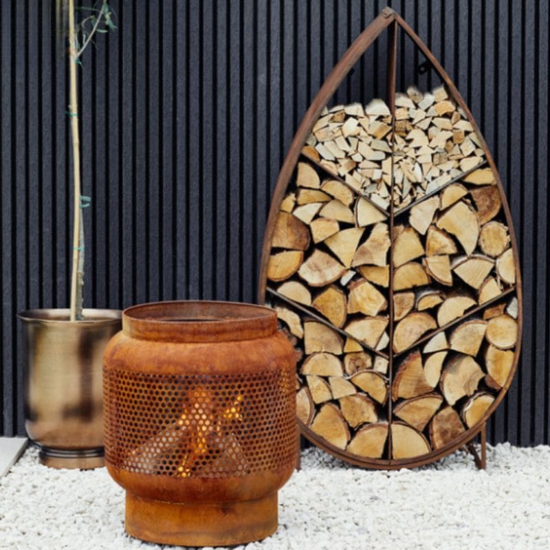 Leaf on Stand Sculptural Log Storage Natural Rust