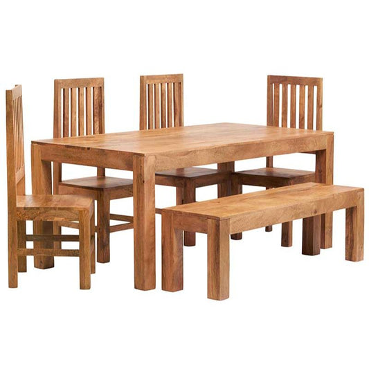 Light Mango 6 FT Dining Set With Bench & 4 Slatted Chairs