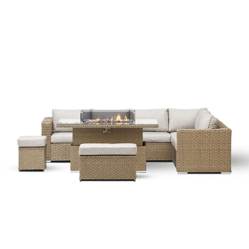 Rattan Corner Rising Outdoor Dining Set With Fire Pit
