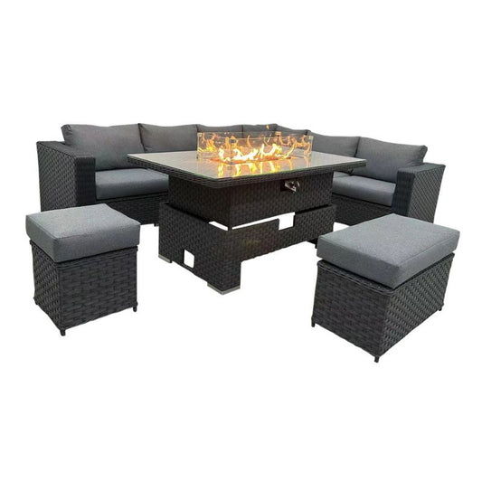 Rattan Corner Rising Outdoor Dining Set With Fire Pit Grey -520RFPG