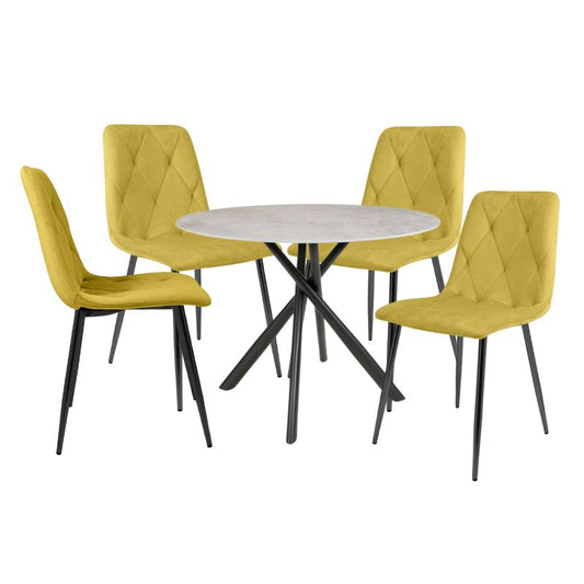 Avesta Round Grey Dining Set with 4 Vernon Yellow Dining Chairs