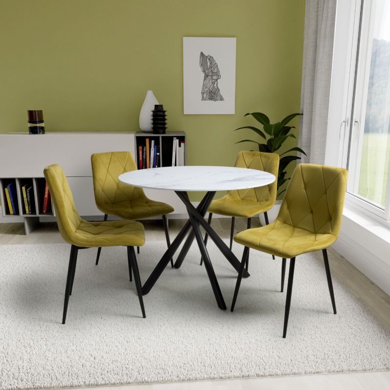 Avesta Round White Dining Set with 4 Vernon Yellow Dining Chairs