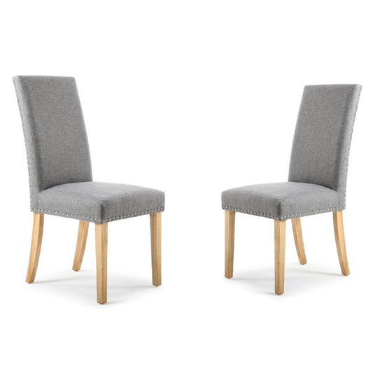 Randall Dining Chair Stud Detail Linen Effect Silver Grey Natural Legs, Set of 2
