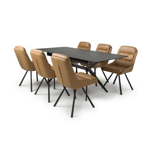 Timor Extending Dining Table Black with 6 Arnhem Tan Dining Chairs