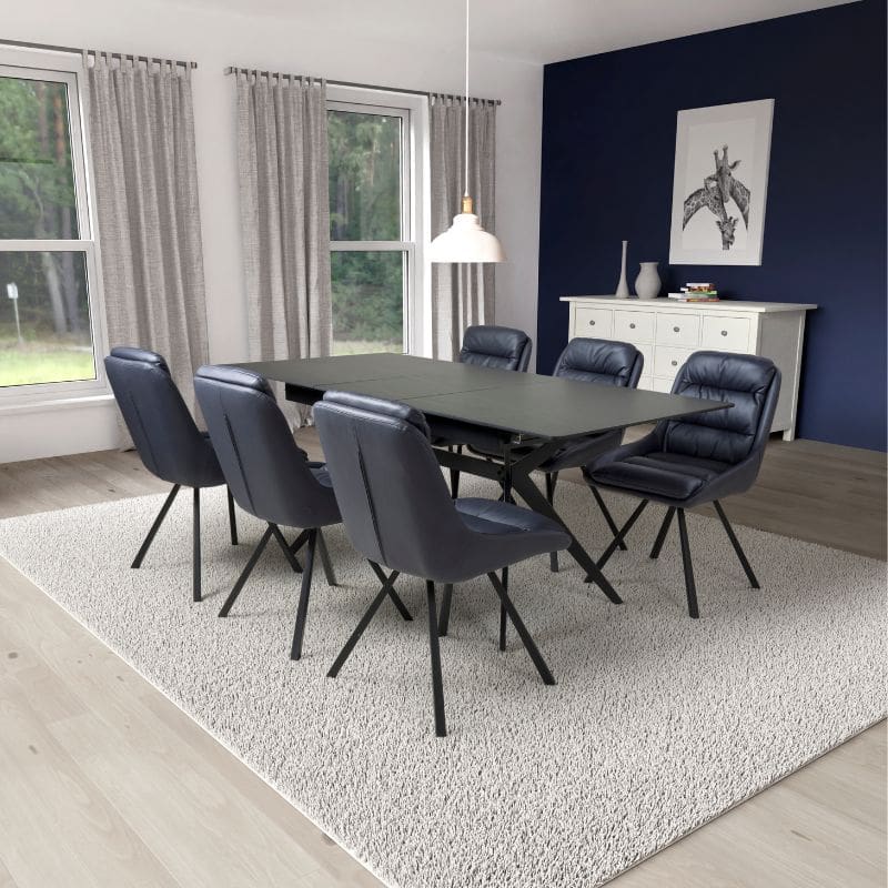 Timor Extending Dining Table Black with 6 Arnhem Midnight Blue Dining Chairs