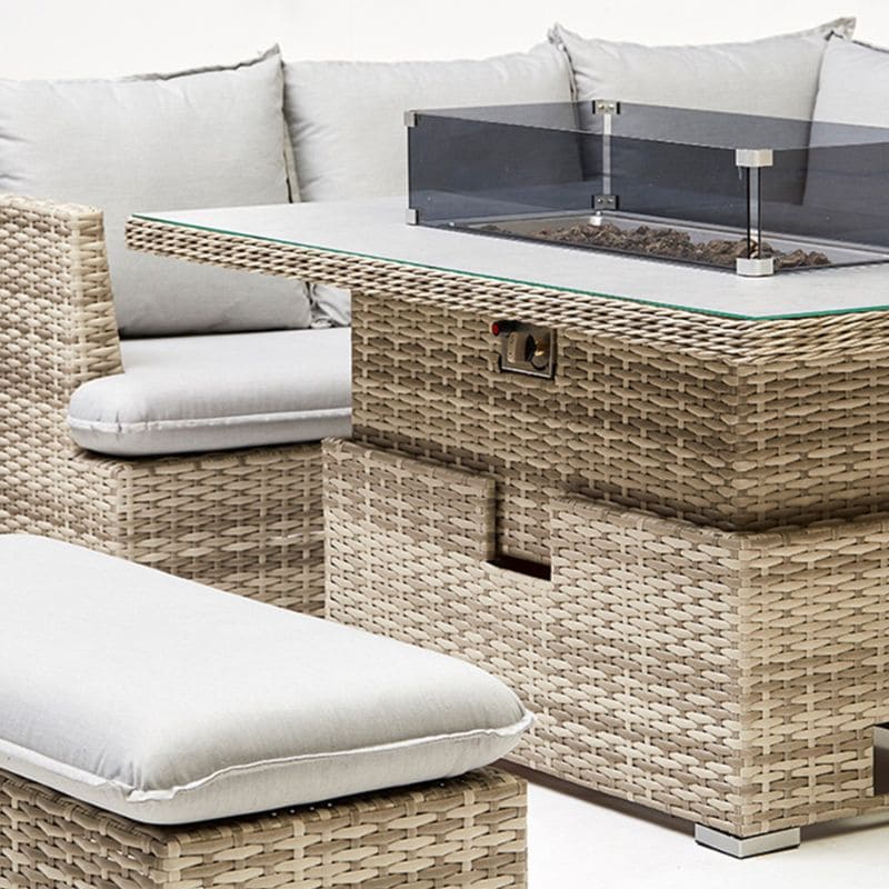 Rattan Corner Firepit Set With Rising Table Armchair and Outdoor Ice Bucket