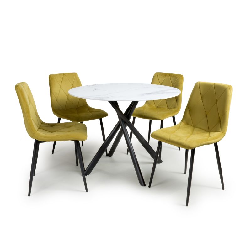 Avesta Round White Dining Set with 4 Vernon Yellow Dining Chairs